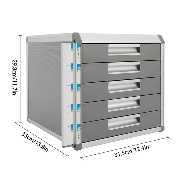 Skrivebordsarrangør - Låsbart skuffekabinet med 5 skuffer - Til A4 - Størrelse 31,5×35×29,8 cm - Aluminiumslegering & trælook - Sølv, grå