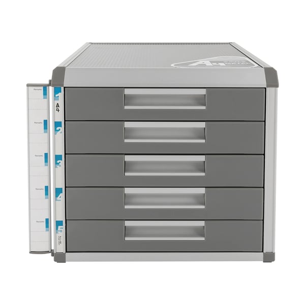 Skrivebordsarrangør - Låsbart skuffekabinet med 5 skuffer - Til A4 - Størrelse 31,5×35×29,8 cm - Aluminiumslegering & trælook - Sølv, grå