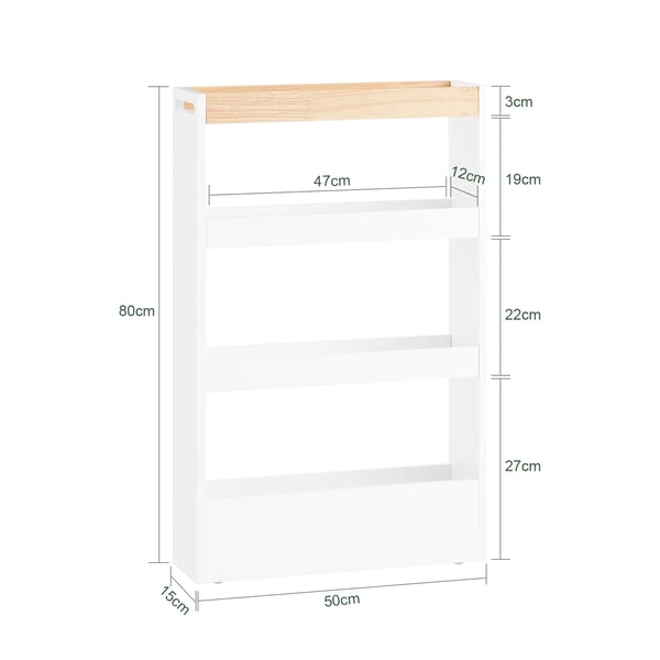 Säilytyskärry väliköihin - NSR12-W - Kapea 15 cm - Mitat 80×50×15 cm - Pyörillä - Koottava - Valkoinen
