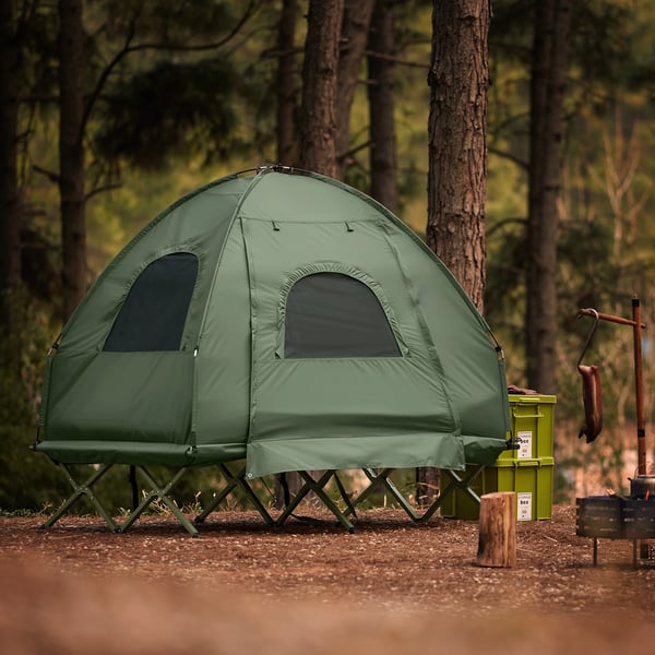 Campingtelt til 2 personer - OGS61-L-GR 4-i-1 køjeseng/dobbelttelt - Med bæretaske - Ca. 193×145×185 cm - Grøn
