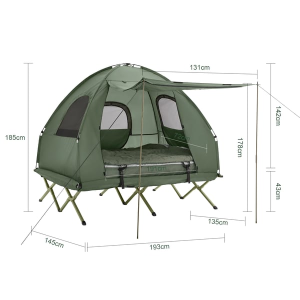 Campingtelt til 2 personer - OGS61-L-GR 4-i-1 køjeseng/dobbelttelt - Med bæretaske - Ca. 193×145×185 cm - Grøn