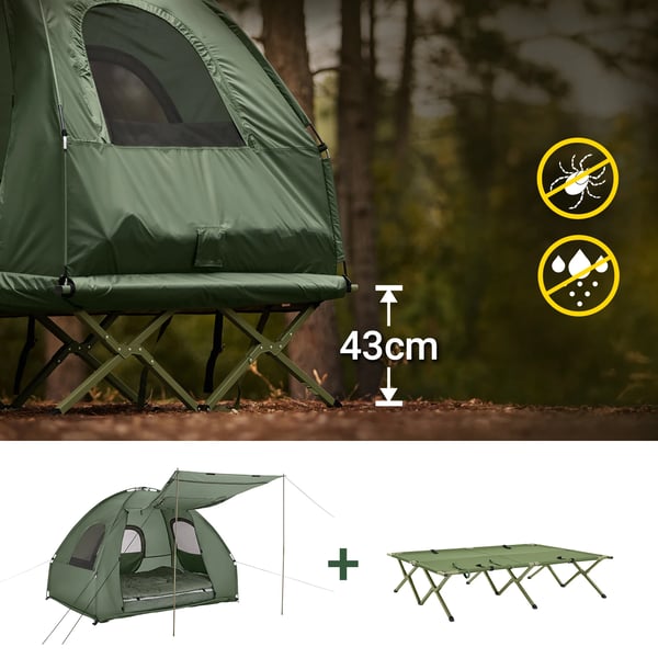 Campingtelt til 2 personer - OGS61-L-GR 4-i-1 køjeseng/dobbelttelt - Med bæretaske - Ca. 193×145×185 cm - Grøn