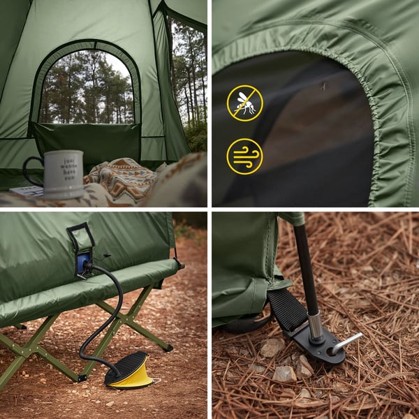 Campingtelt til 2 personer - OGS61-L-GR 4-i-1 køjeseng/dobbelttelt - Med bæretaske - Ca. 193×145×185 cm - Grøn