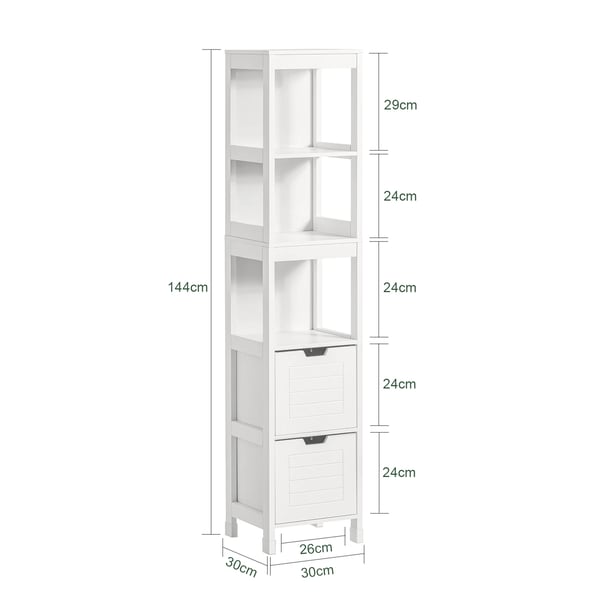 Kylpyhuoneen korkea kaappi - FRG126 - Kapea 30x144x30 cm - Vapaasti seisova hyllykaappi - Koottava - Valkoinen