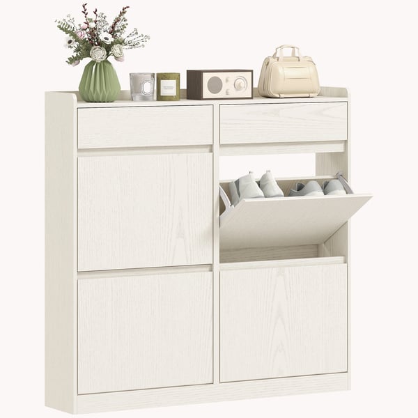 Skoskåp - Smal Modell - 4 Fällbara Fack - 98 x 19,2 x 95,3 cm - Modern Minimalistisk Design - Trä - Vit Träådrad Skoskåp - Smal Modell - 4 Fällbara Fack - 98 x 19,2 x 95,3 cm - Modern Minimalistisk Design - Trä - Vit Träådrad