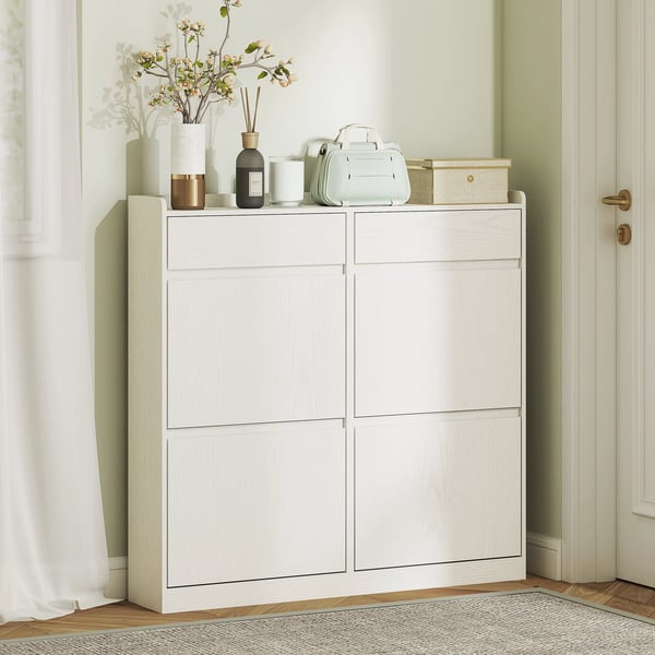 Skoskåp - Smal Modell - 4 Fällbara Fack - 98 x 19,2 x 95,3 cm - Modern Minimalistisk Design - Trä - Vit Träådrad