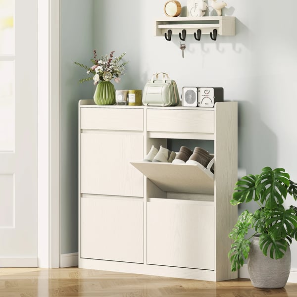 Skoskåp - Smal Modell - 4 Fällbara Fack - 98 x 19,2 x 95,3 cm - Modern Minimalistisk Design - Trä - Vit Träådrad