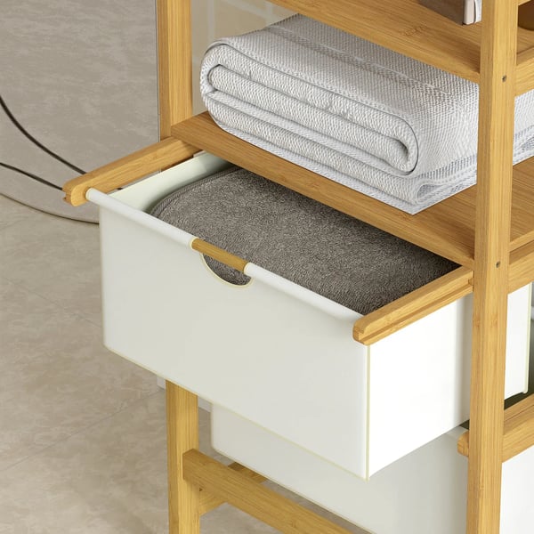 Badrumshylla i bambu - Golvstående med spegel - 4 Krokar - 2 Öppna Hyllplan - 2 Tyglådor - 48,5×30×170 cm - Beige