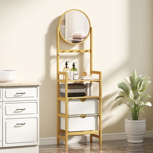 Badrumshylla i bambu - Golvstående med spegel - 4 Krokar - 2 Öppna Hyllplan - 2 Tyglådor - 48,5×30×170 cm - Beige