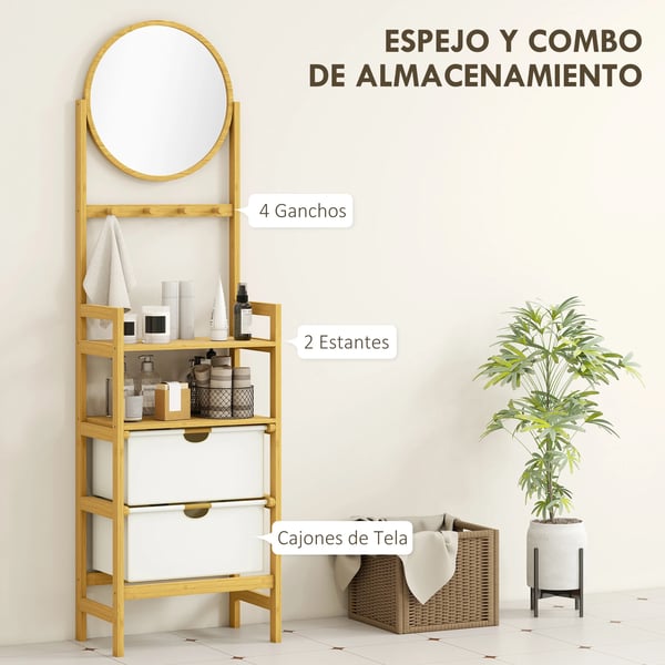 Badrumshylla i bambu - Golvstående med spegel - 4 Krokar - 2 Öppna Hyllplan - 2 Tyglådor - 48,5×30×170 cm - Beige