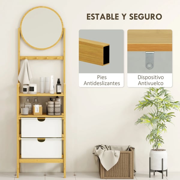 Badrumshylla i bambu - Golvstående med spegel - 4 Krokar - 2 Öppna Hyllplan - 2 Tyglådor - 48,5×30×170 cm - Beige