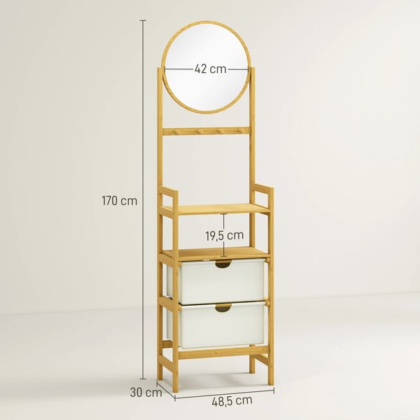 Badrumshylla i bambu - Golvstående med spegel - 4 Krokar - 2 Öppna Hyllplan - 2 Tyglådor - 48,5×30×170 cm - Beige