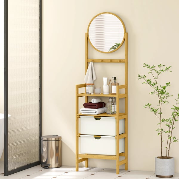 Badrumshylla i bambu - Golvstående med spegel - 4 Krokar - 2 Öppna Hyllplan - 2 Tyglådor - 48,5×30×170 cm - Beige