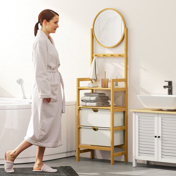 Badrumshylla i bambu - Golvstående med spegel - 4 Krokar - 2 Öppna Hyllplan - 2 Tyglådor - 48,5×30×170 cm - Beige