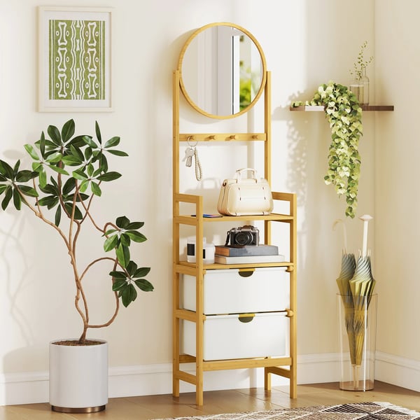 Badrumshylla i bambu - Golvstående med spegel - 4 Krokar - 2 Öppna Hyllplan - 2 Tyglådor - 48,5×30×170 cm - Beige