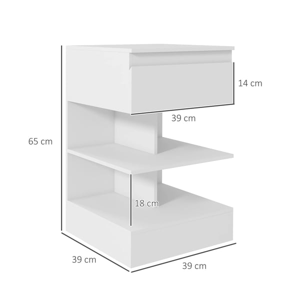 Sängbord - Nattduksbord - 1 Låda, 2 Öppna Hyllor, 39x39x65 cm, Trä, Modern Design, Montering Krävs - Vit