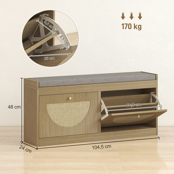 Skobänk - Skoskåp med sits - Stoppad sittdyna - Rattandörrar - Justerbar hylla - För 8 par skor - Trä - Minimalistisk stil - Natur