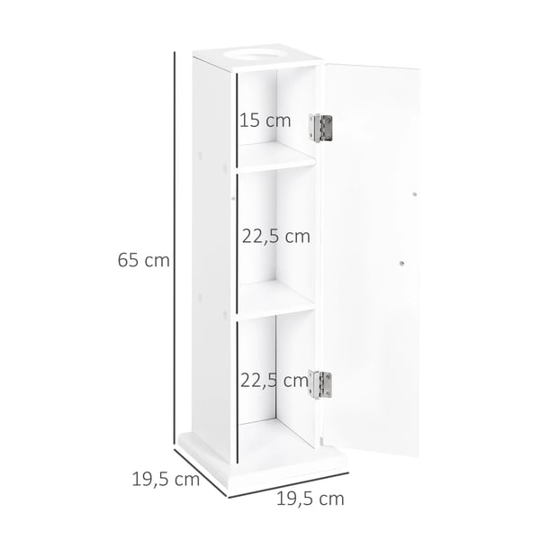 Badrumsskåp - Smalt fristående skåp - Öppning för toalettpapper - Hyllor - Modern stil - 19,5 x 19,5 x 65 cm - Vit
