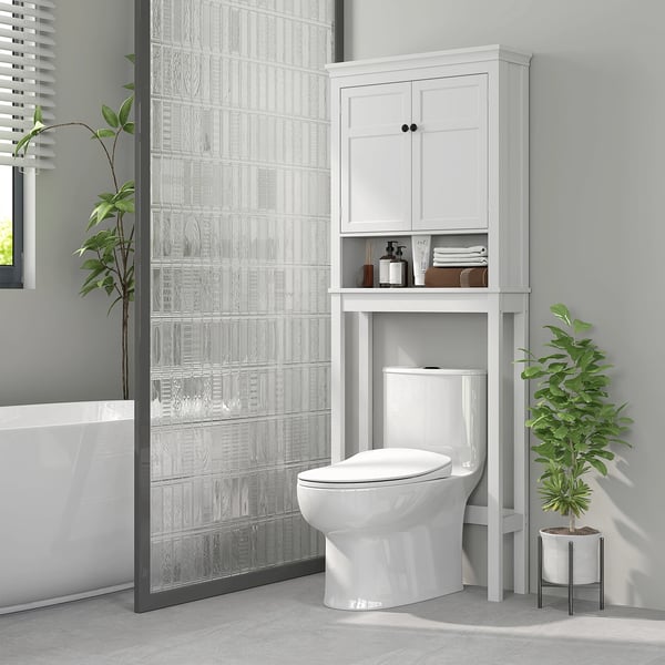 Badrumsskåp över toaletten - Fristående skåp - 2 Dörrar - Justerbar Hylla - Öppet Fack - Modern Design - 70x20x175 cm - Vit