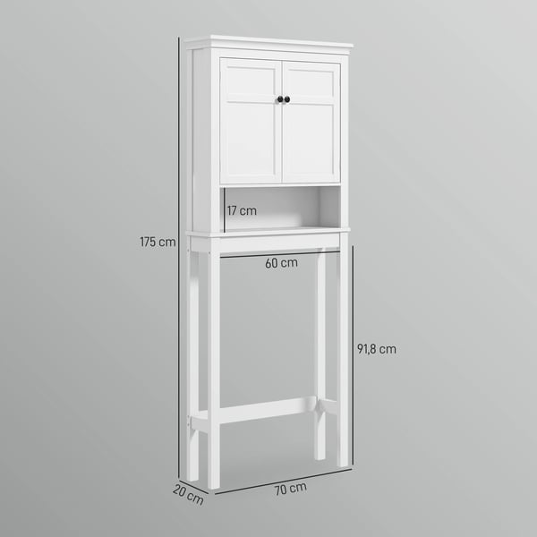 Badrumsskåp över toaletten - Fristående skåp - 2 Dörrar - Justerbar Hylla - Öppet Fack - Modern Design - 70x20x175 cm - Vit
