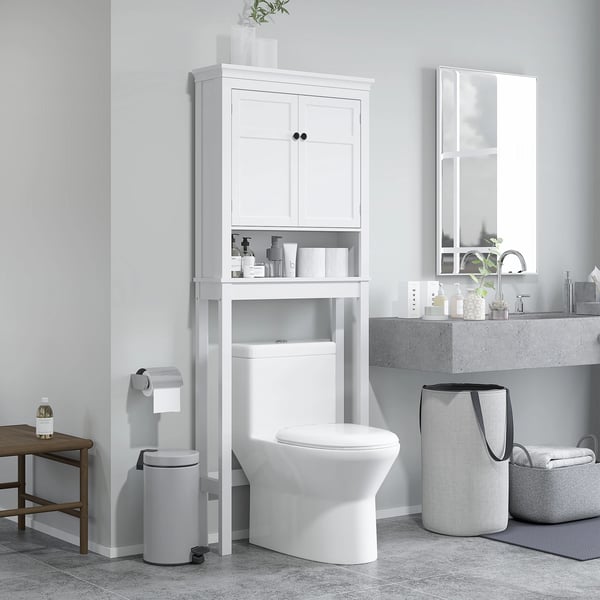 Badrumsskåp över toaletten - Fristående skåp - 2 Dörrar - Justerbar Hylla - Öppet Fack - Modern Design - 70x20x175 cm - Vit