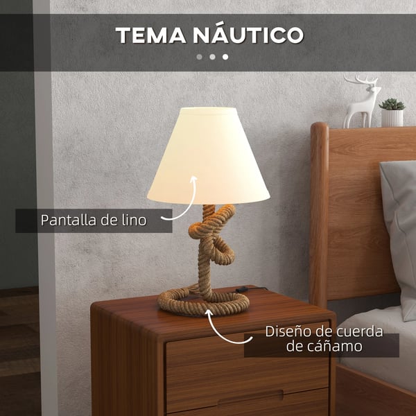 Bordslampa LED - E27 220 V EU‑kontakt - Metallfot, tygskärm - Tryckknappsbrytare - Inkl. LED‑lampa - Max 40 W - Ø28 × 45,5 cm - Beige