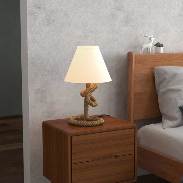 Bordslampa LED - E27 220 V EU‑kontakt - Metallfot, tygskärm - Tryckknappsbrytare - Inkl. LED‑lampa - Max 40 W - Ø28 × 45,5 cm - Beige
