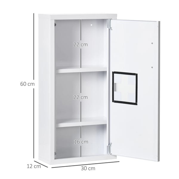 Medicinskåp - Väggmonterat stålskåp - 3 nivåer - Magnetdörr - 30x12x60 cm - Liten - Vit