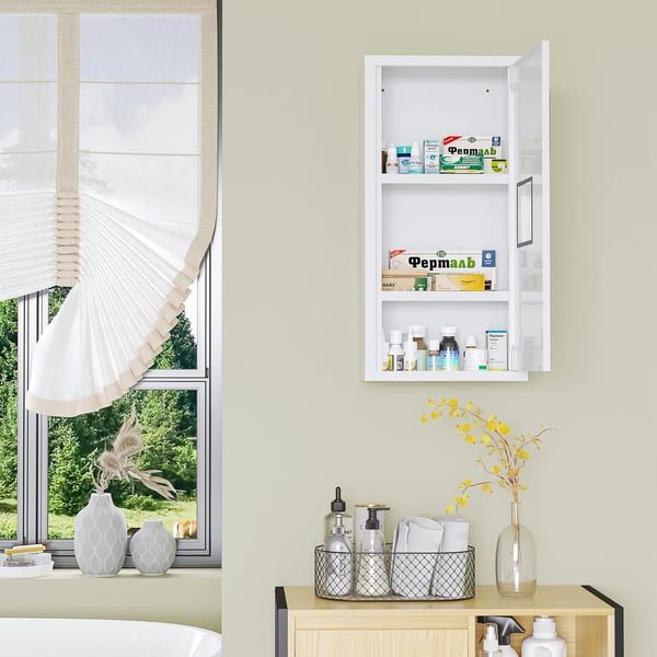 Medicinskåp - Väggmonterat stålskåp - 3 nivåer - Magnetdörr - 30x12x60 cm - Liten - Vit