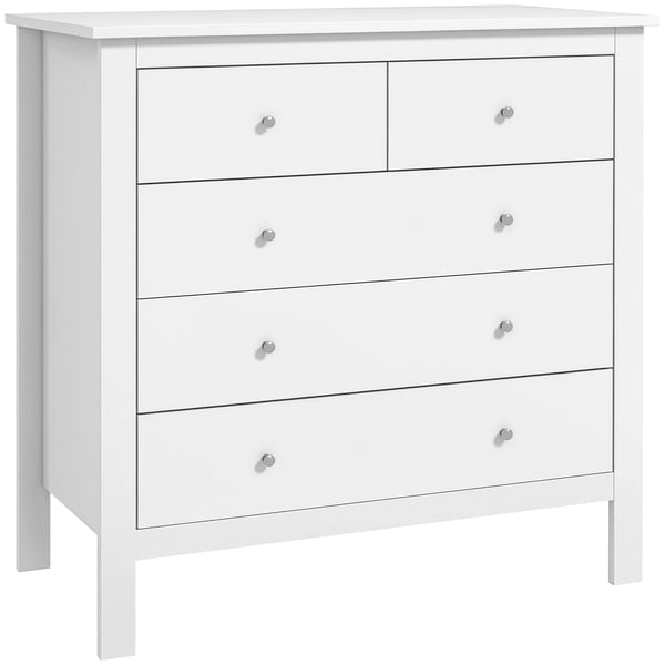 Byrå - 5 lådor - Minimalistisk, modern - Trä - Höjd 80,5 cm - Montering krävs - Utan hjul - Vit