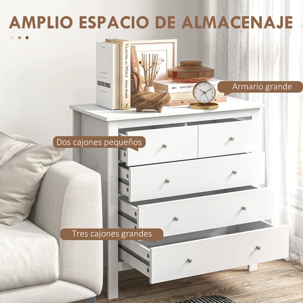 Byrå - 5 lådor - Minimalistisk, modern - Trä - Höjd 80,5 cm - Montering krävs - Utan hjul - Vit
