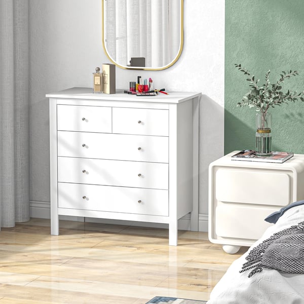 Byrå - 5 lådor - Minimalistisk, modern - Trä - Höjd 80,5 cm - Montering krävs - Utan hjul - Vit
