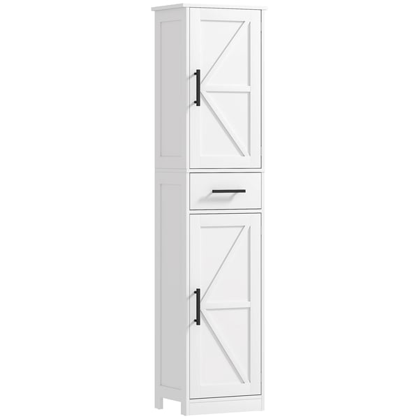 Badrumsskåp - Smalt Högskåp - Fristående - 2 Dörrar - 1 Låda - 2 Justerbara Hyllor - 40x30x170 cm - Rustik Stil - Vit