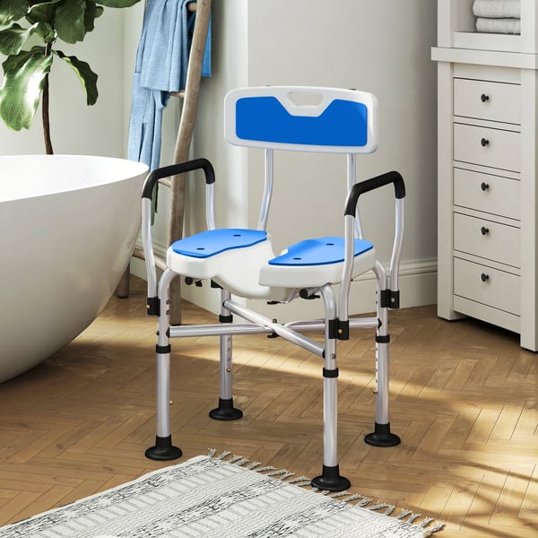Duschstol - Med ryggstöd och armstöd - Höjdjusterbar, Halkfri, Sits med dränering, Max 136 kg, 53×41,5×91,5 cm - Blå