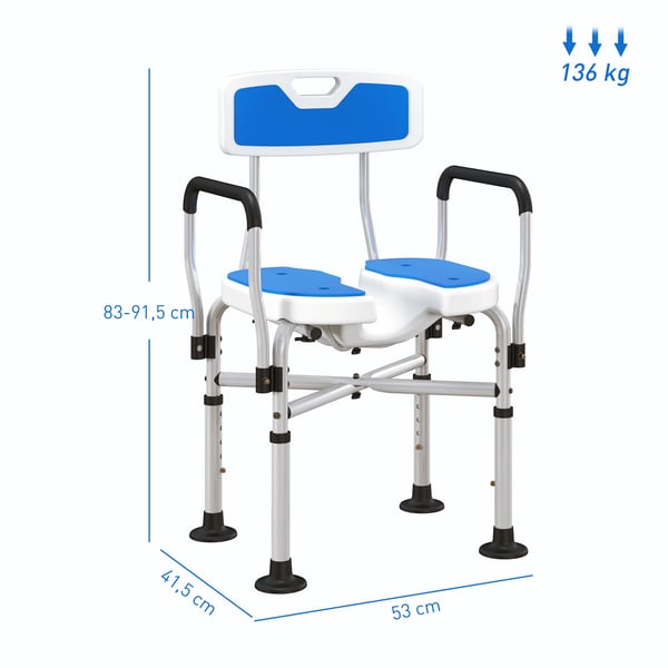 Duschstol - Med ryggstöd och armstöd - Höjdjusterbar, Halkfri, Sits med dränering, Max 136 kg, 53×41,5×91,5 cm - Blå