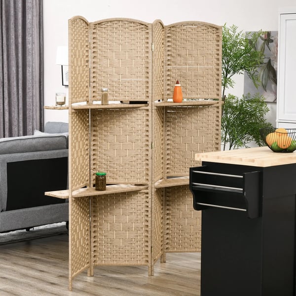 Rumsavdelare - Skärmvägg - 4 Paneler - 160×170 cm - 2 Hyllor - Hopfällbar - Papper - Brun