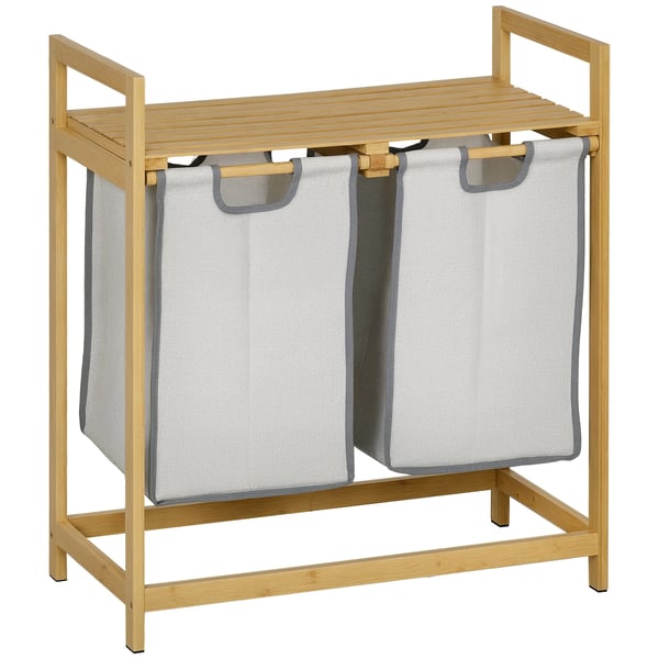 Tvättkorg i bambu - Tvättsorterare - 2 avtagbara påsar - Hylla - Med handtag - Max 20 kg - 2x40,6 L - 64x33x73 cm - Ljusgrå
