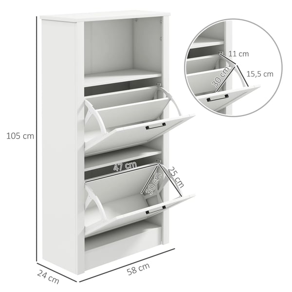 Skoskåp - Smal modell - 2 dörrar - Justerbara hyllor - Öppet fack - För 10 par - 58x24x105 cm - Trä - Vit