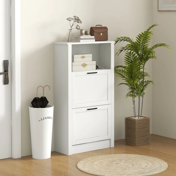 Skoskåp - Smal modell - 2 dörrar - Justerbara hyllor - Öppet fack - För 10 par - 58x24x105 cm - Trä - Vit