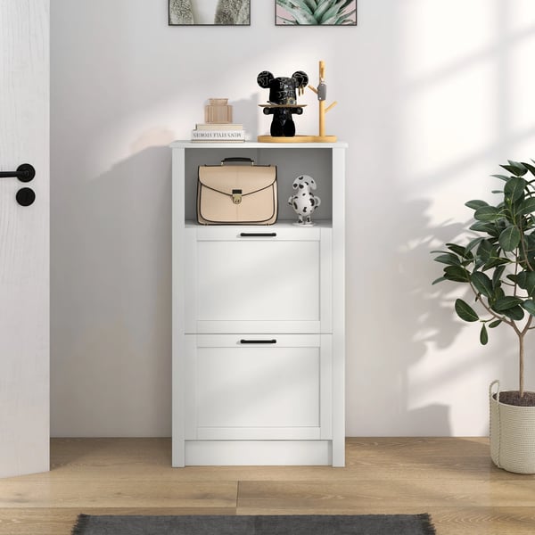 Skoskåp - Smal modell - 2 dörrar - Justerbara hyllor - Öppet fack - För 10 par - 58x24x105 cm - Trä - Vit