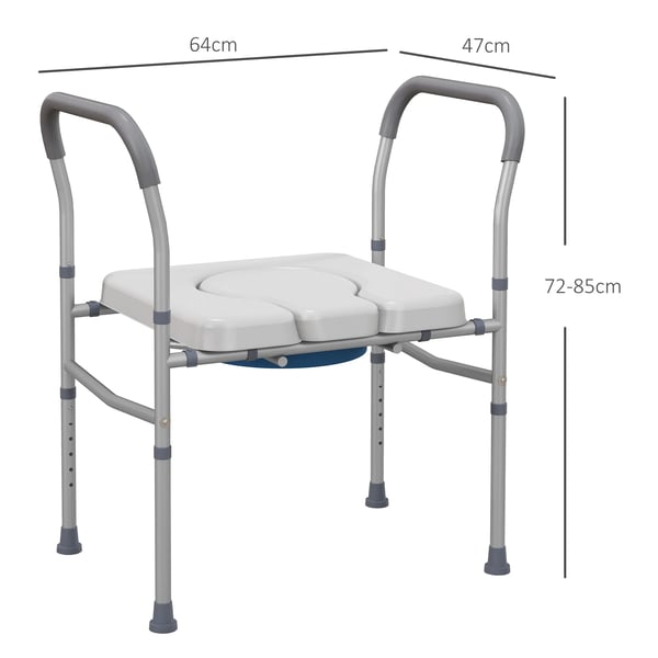 Dusch- och toalettstol - Kommodstol i aluminium - Höjdjusterbar - Halksäkra fötter - Med hink - Max 136 kg - Silver