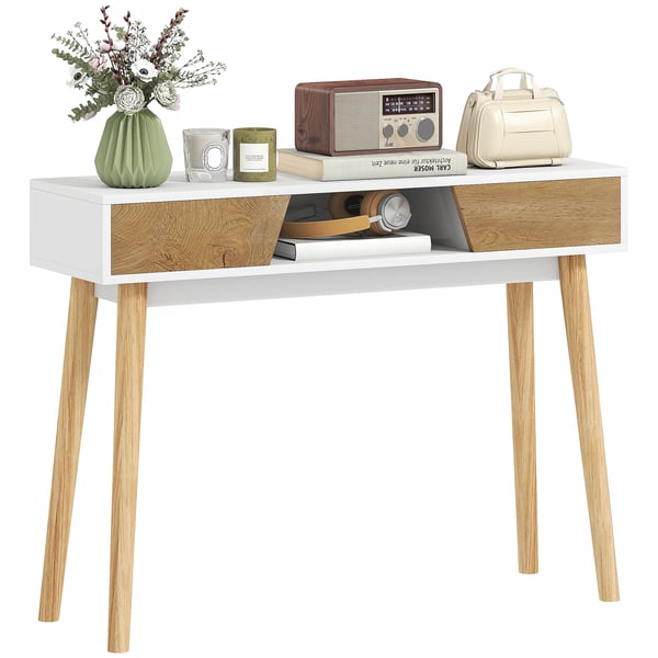 Konsolbord för Hall - Avlastningsbord - 100x30x75 cm - 2 Lådor - Öppen Hylla - Rektangulär - Trä - Vit