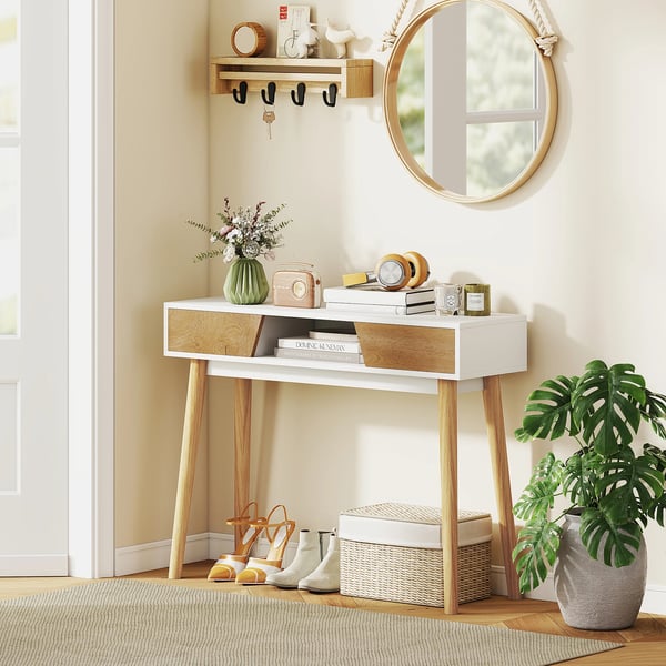 Konsolbord för Hall - Avlastningsbord - 100x30x75 cm - 2 Lådor - Öppen Hylla - Rektangulär - Trä - Vit
