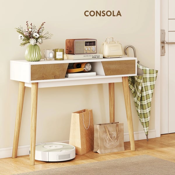 Konsolbord för Hall - Avlastningsbord - 100x30x75 cm - 2 Lådor - Öppen Hylla - Rektangulär - Trä - Vit