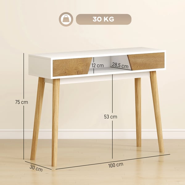 Konsolbord för Hall - Avlastningsbord - 100x30x75 cm - 2 Lådor - Öppen Hylla - Rektangulär - Trä - Vit