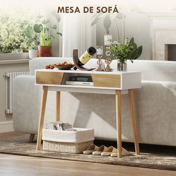Konsolbord för Hall - Avlastningsbord - 100x30x75 cm - 2 Lådor - Öppen Hylla - Rektangulär - Trä - Vit