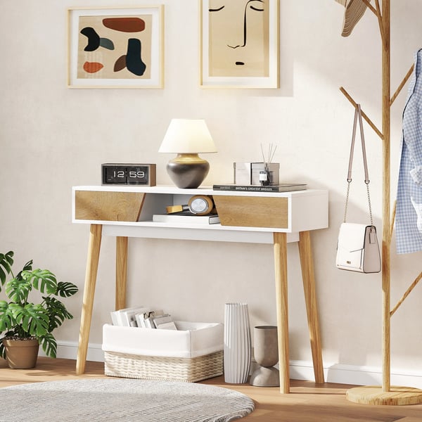 Konsolbord för Hall - Avlastningsbord - 100x30x75 cm - 2 Lådor - Öppen Hylla - Rektangulär - Trä - Vit