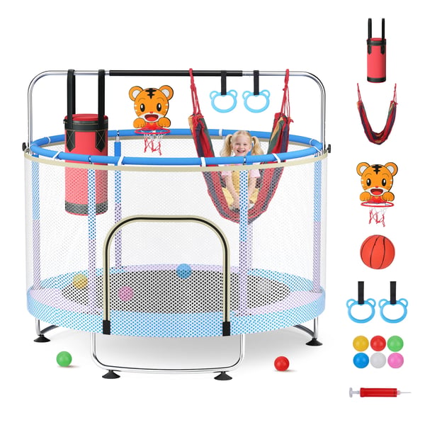 Lasten trampoliini 150 cm - Trampoliini - Säädettävä, Koripallokori, Keinu, Pallomeren pallot, Max 150 kg, Sisä/Ulko - Sininen Lasten trampoliini 150 cm - Trampoliini - Säädettävä, Koripallokori, Keinu, Pallomeren pallot, Max 150 kg, Sisä/Ulko - Sininen