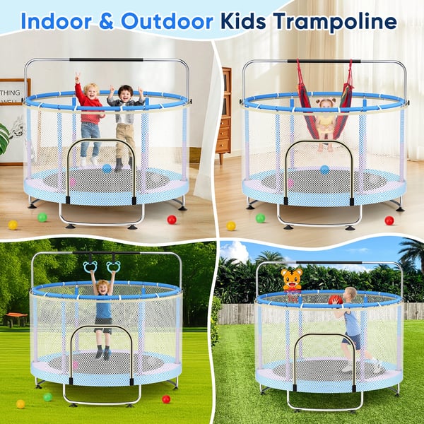 Børnetrampolin 150 cm - Trampolin - Justerbar, Basketballkurv, Gynge, Bolde til boldbassin, Max 150 kg, Inde/Ude - Blå