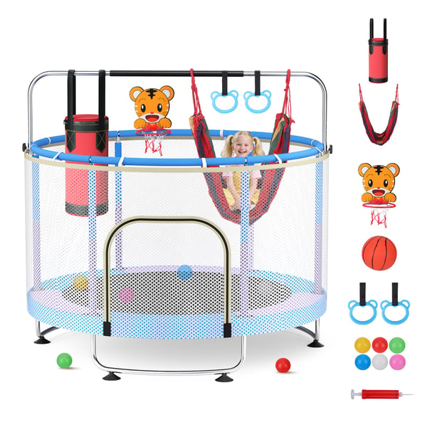 Børnetrampolin 150 cm - Trampolin - Justerbar, Basketballkurv, Gynge, Bolde til boldbassin, Max 150 kg, Inde/Ude - Blå